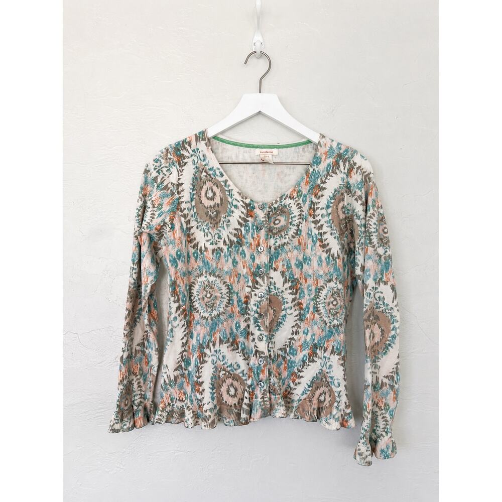 Sundance Petite Medium Cotton Paisley Henley Sweater Boho Peplum Top